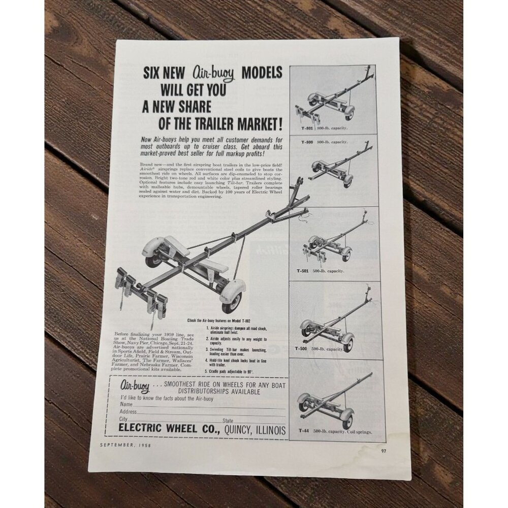 Air-Buoy Boat Trailer Vintage Print Ad 1950s Electric Wheels Co Quincy IL